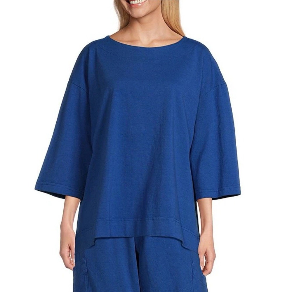 Bryn Walker Shirt Lagenlook Resort Cotton Jersey Round Neck Blue 3/4 Sleeve XL